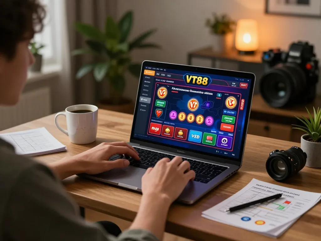 Engaging with VT88 via vibrant online casino games at a stylish gaming setup.