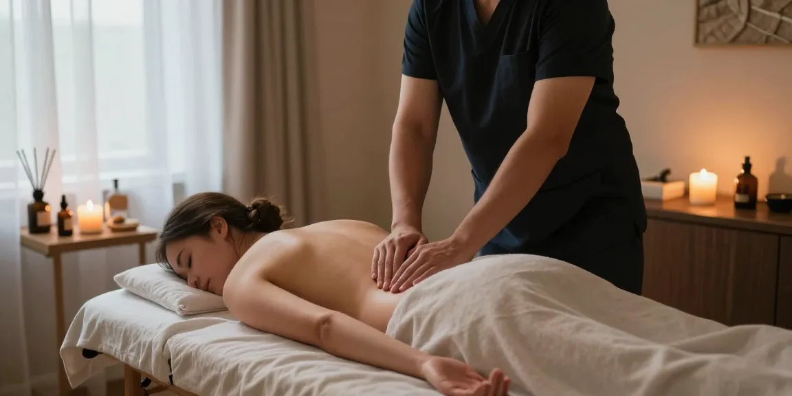 마사지 치료 중인 고객과 부드러운 분위기의 마사지 룸