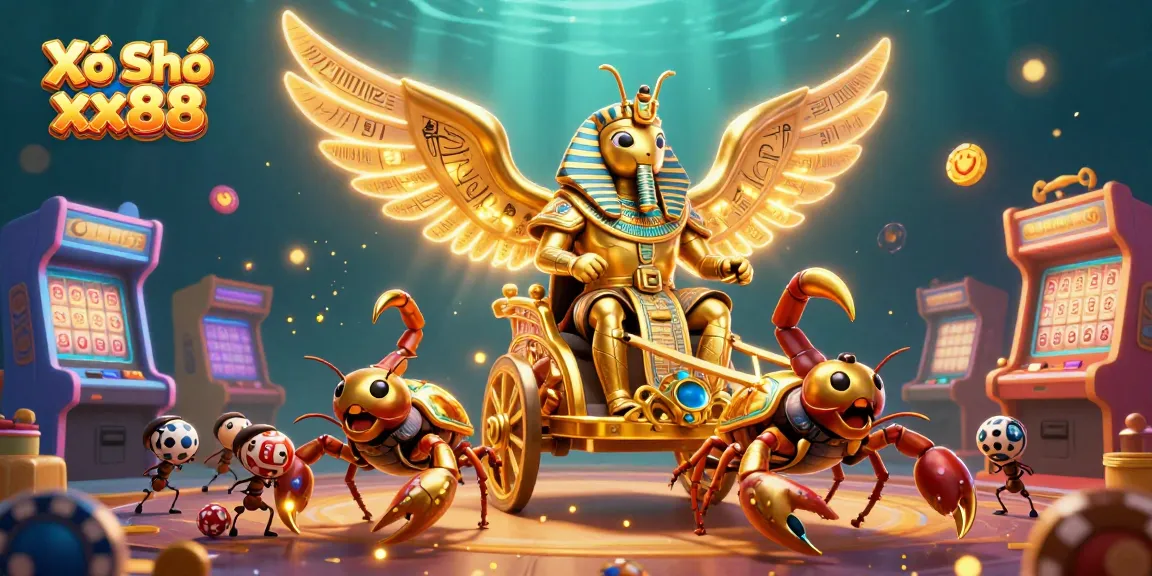 Xổ Số xx88: Engage with a vivid 3D illustration depicting a colossal scarab and lottery elements for exciting gameplay.