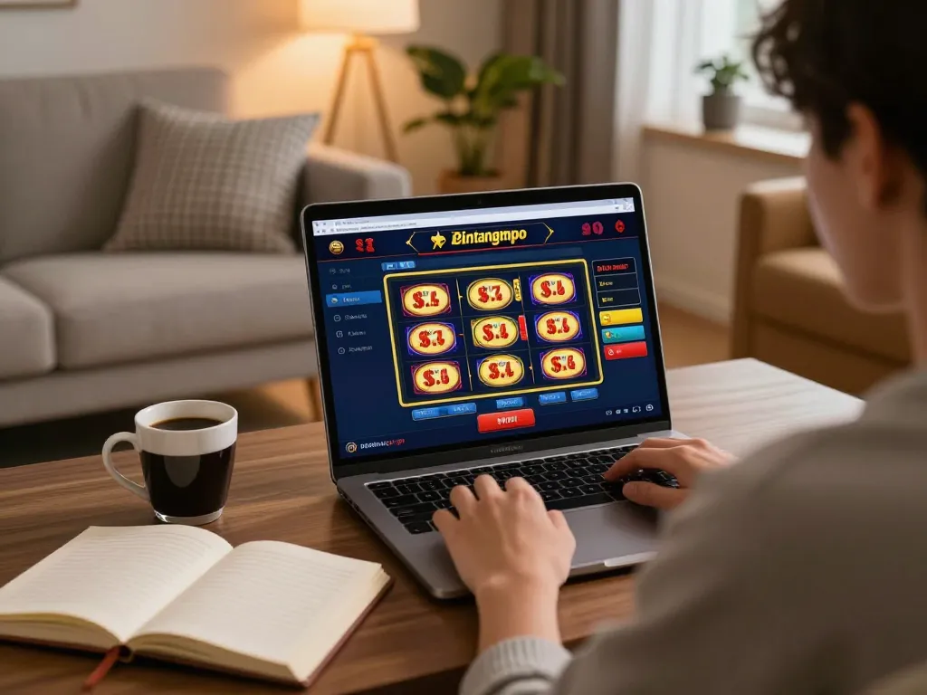 Pengguna Bintangmpo terlibat dengan permainan slot online di ruang tamu yang nyaman, menekankan perjudian yang bertanggung jawab
