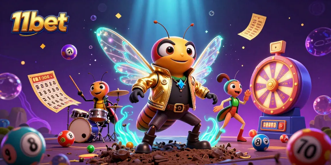 Experience the excitement of 11bet with a vibrant 3D casino scene featuring a cicada rock star.
