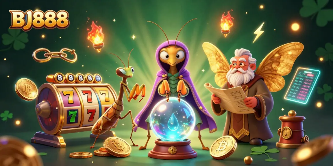 BJ888 players engaging with slot games in a mystical setting, featuring vibrant characters and glowing coin elements