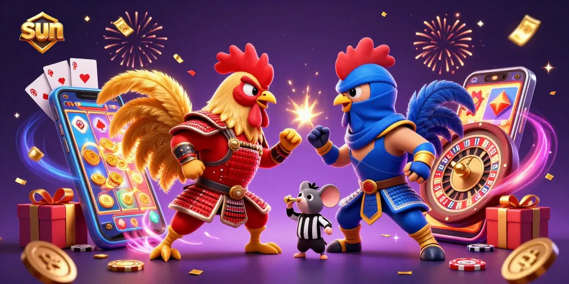 Win big with sun-inspired fights between animated roosters in a vibrant casino scene.