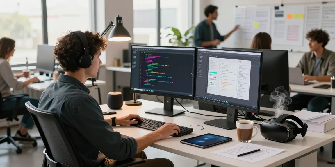 Innovative tech workspace featuring a developer at dual monitors coding, showcasing telegramin-cn.com growth.