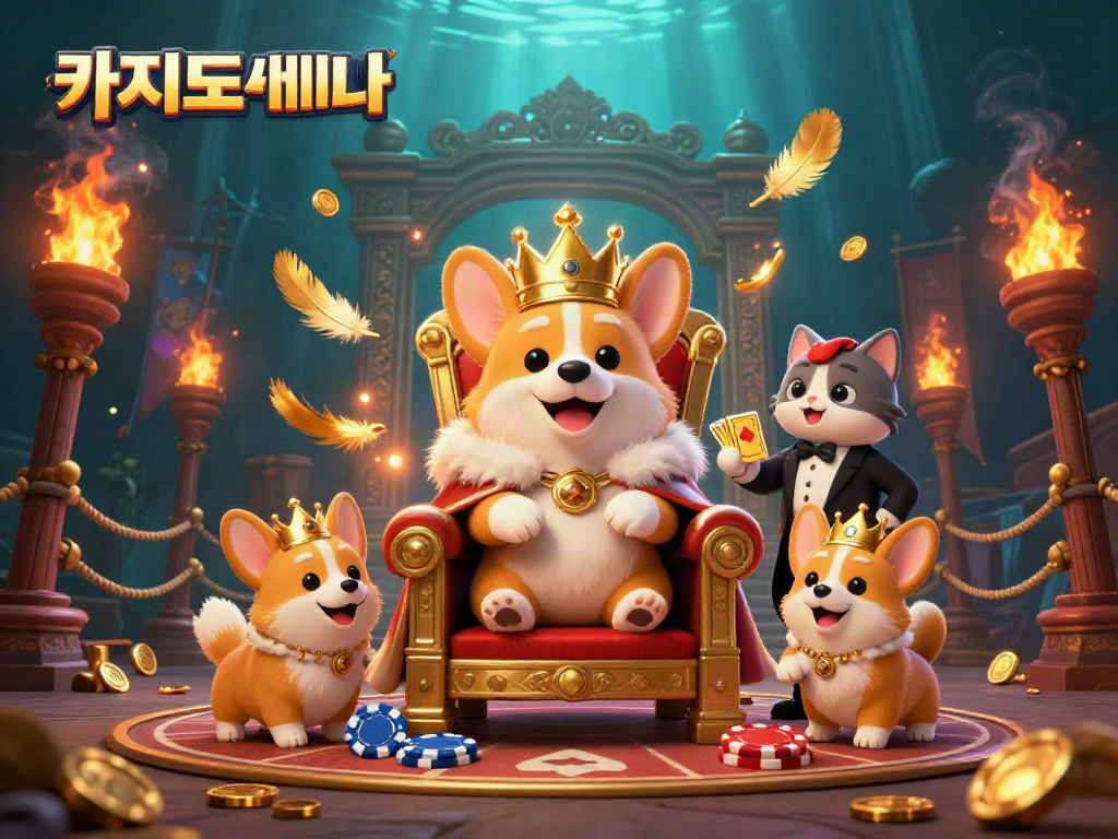 카지노사이트에서 3D 왕실 코기와 고양이 집사의 카드 덱 제공 장면.