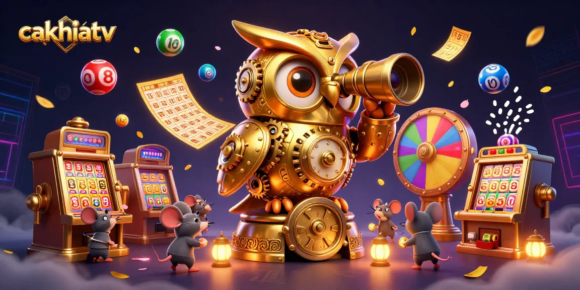 Cakhiatv features a dynamic casino scene with clockwork owl and colorful lottery elements.