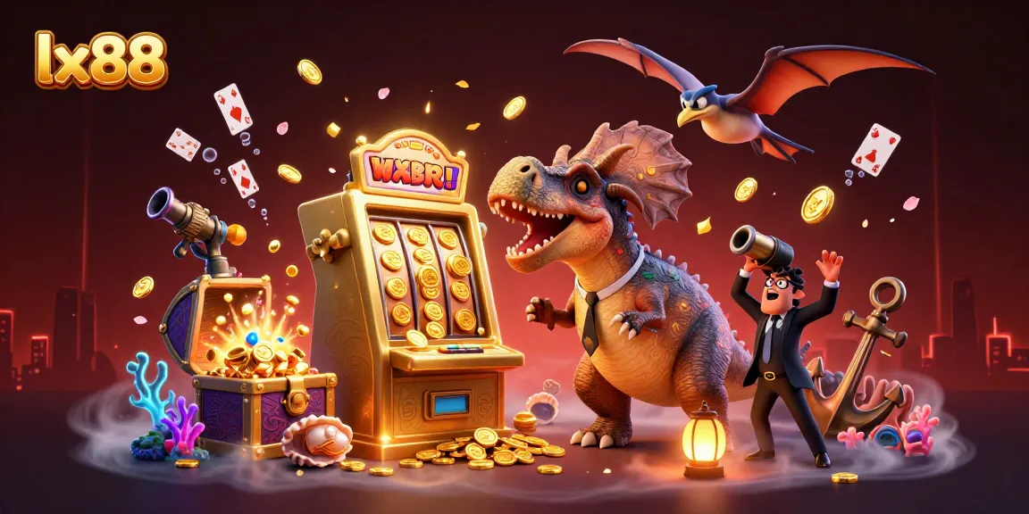 Experience excitement at lx88 with a pachycephalosaurus hitting a golden slot machine, while coins fly around!