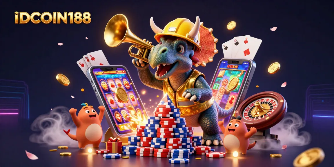 IDCOIN188 players celebrating with vibrant casino-themed characters and elements in an immersive digital scene.