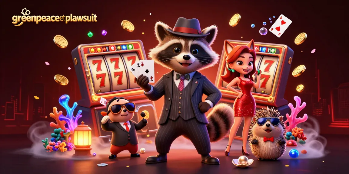 Engage with the greenpeaceetplawsuit illustration showing a raccoon in a casino scene, revealing a royal flush hand.
