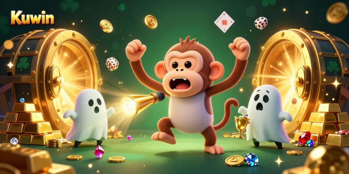 Kuwin showcases a mischievous monkey juggling golden treasures in a vibrant casino atmosphere.