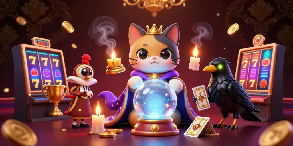 Engage with VIPWIN's thrilling experience in this vibrant casino depiction featuring mystic elements and dynamic game symbols.
