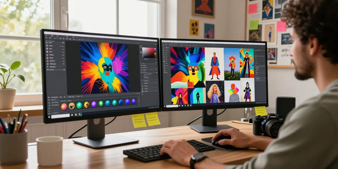 Artist using Nano Banana 2 AI in a creative workspace to edit vibrant images, showcasing advanced technology and artistic expression.