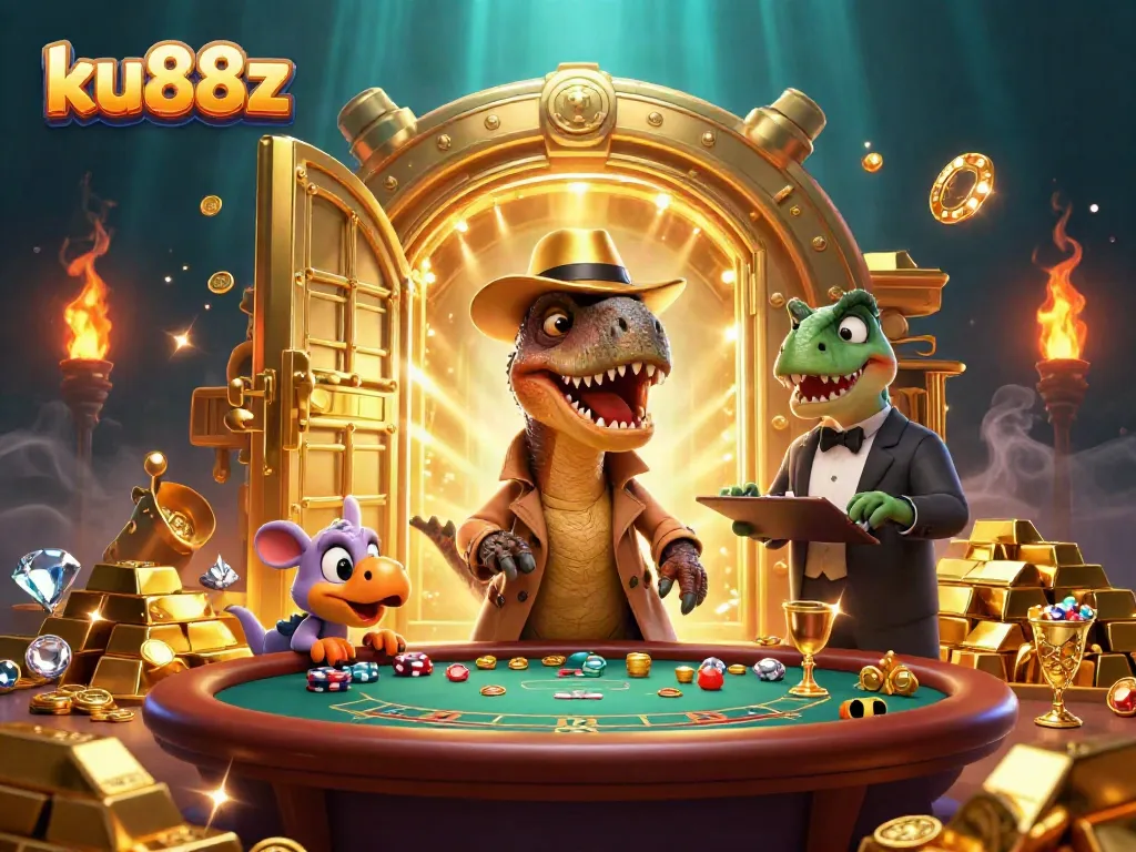 Engage in gaming at ku88z with a cartoon dinosaur blackjack table scene featuring vibrant treasures.