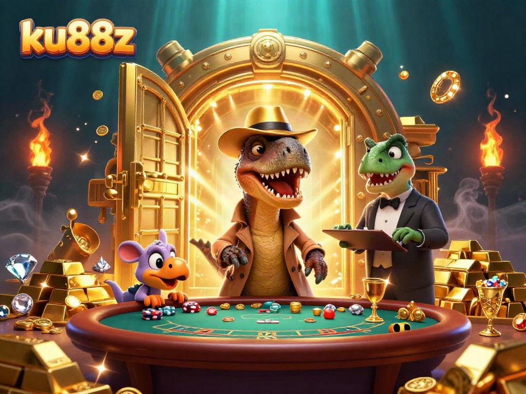 Engage in gaming at ku88z with a cartoon dinosaur blackjack table scene featuring vibrant treasures.