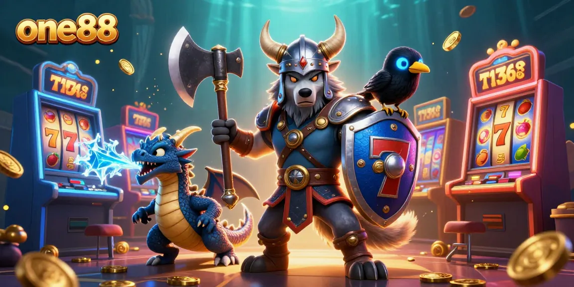 One88 Viking wolf warrior with dragon and raven at a vibrant slot machine showdown.