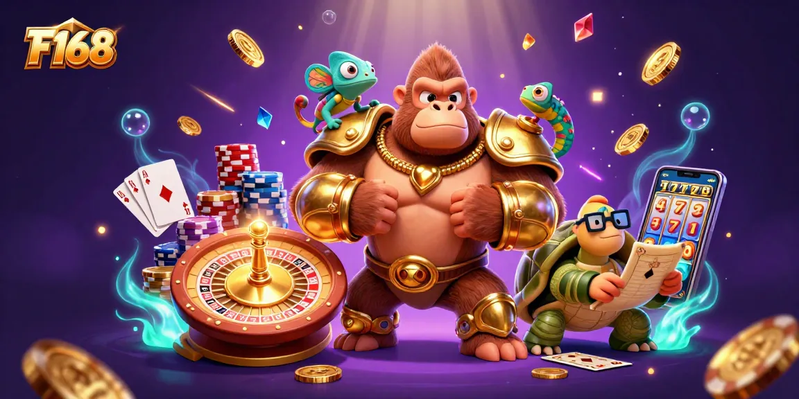 Experience F168’s thrilling adventure with a gorilla king, colorful chameleon, and gambling wisdom.
