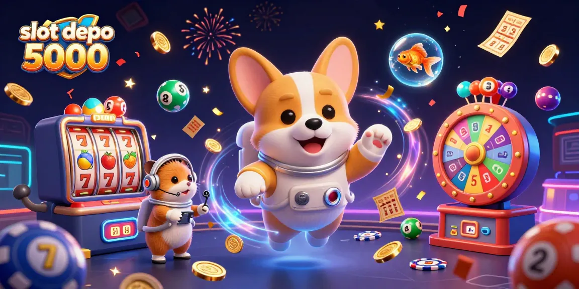 Engage with slot depo 5000 through this lively casino scene featuring a playful corgi and vibrant game elements.