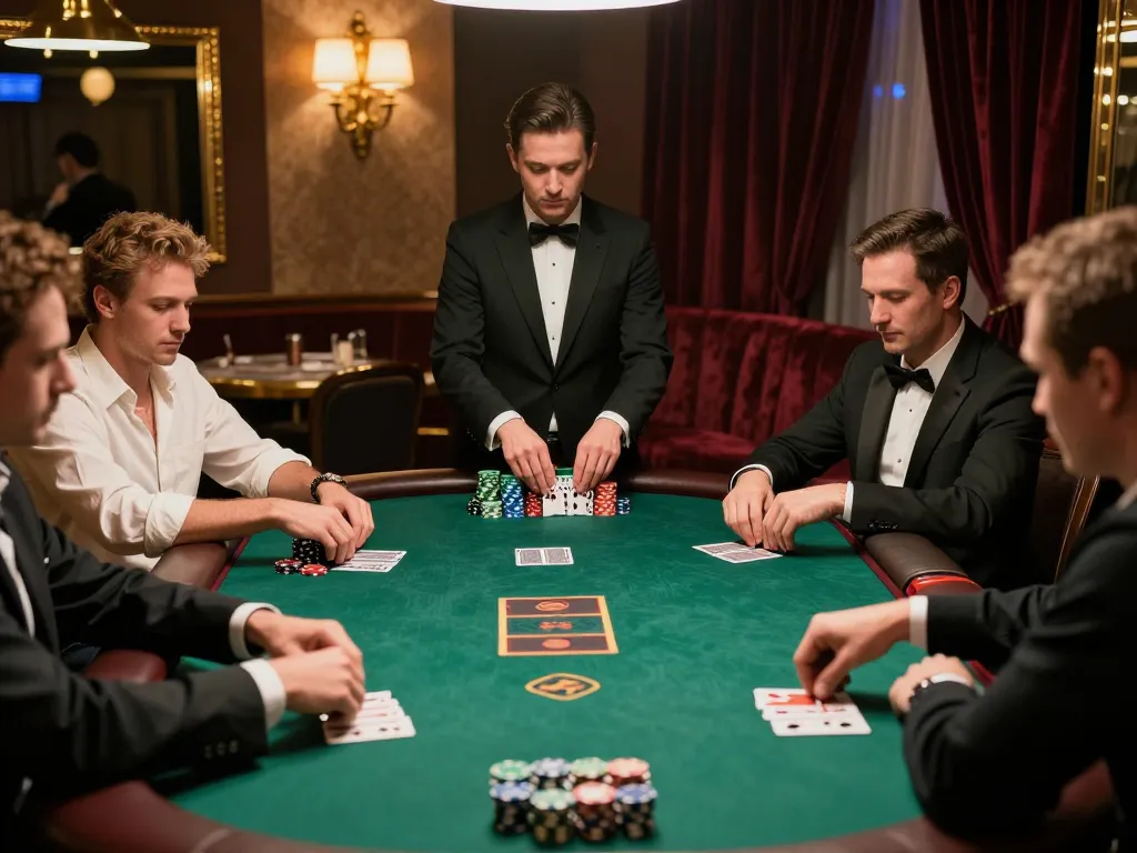 Players in a high-stakes poker game at a luxurious casino, showcasing the strategic intensity of da88.