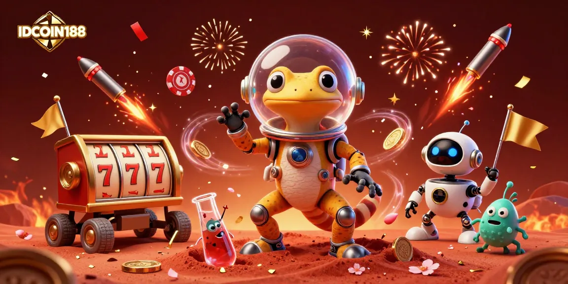 IDCOIN188 unleashes excitement with a golden casino scene featuring a Martian gecko and dynamic slots.