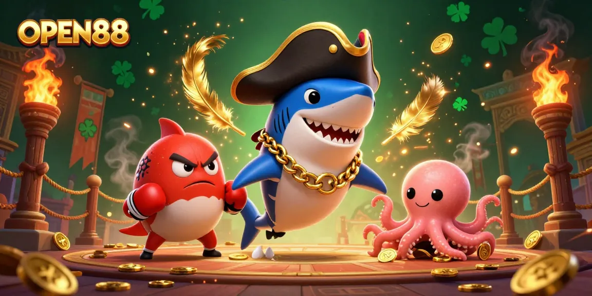 Engage with the exciting world of OPEN88 through this vibrant, action-packed illustration of gambling characters and elements.