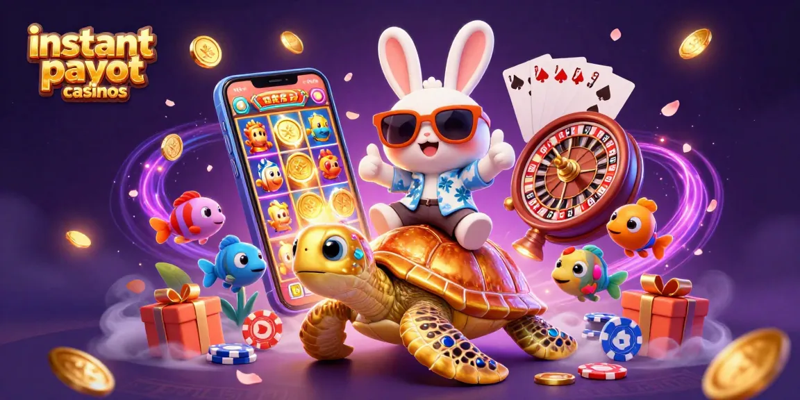 Experience instant payout casinos with this vibrant 3D illustration showcasing a lucky rabbit and golden sea turtle.
