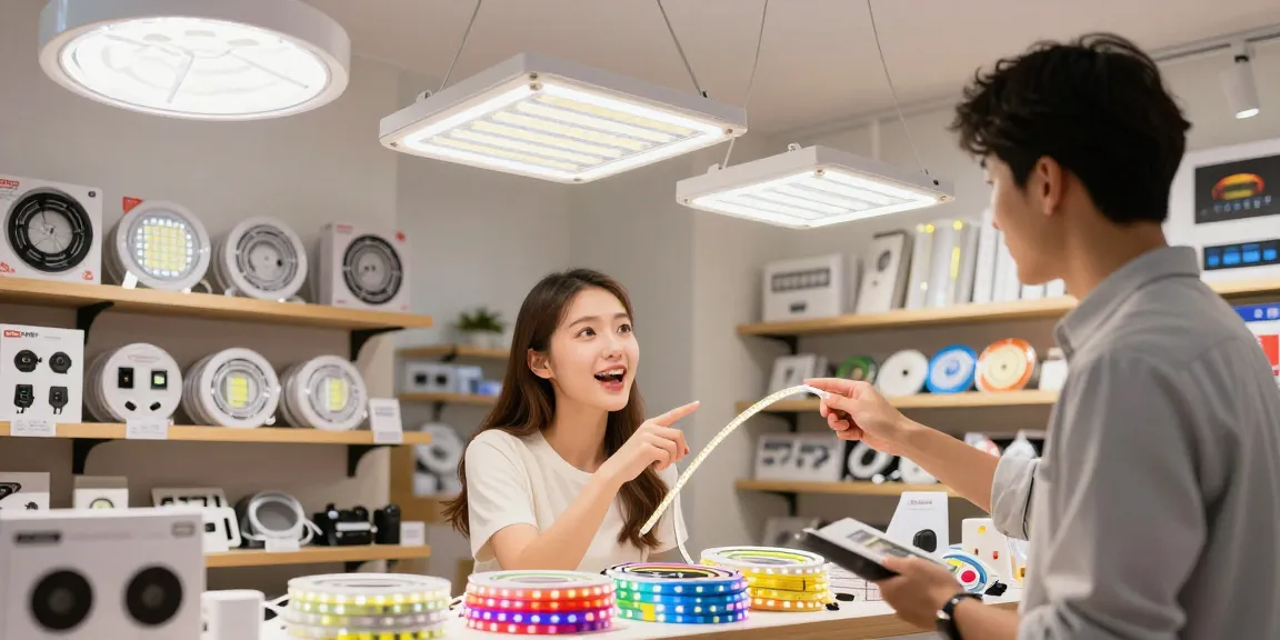 Produse banda LED de calitate premium expuse într-un magazin modern, cu un client încercând să aleagă cele mai bune oferte.