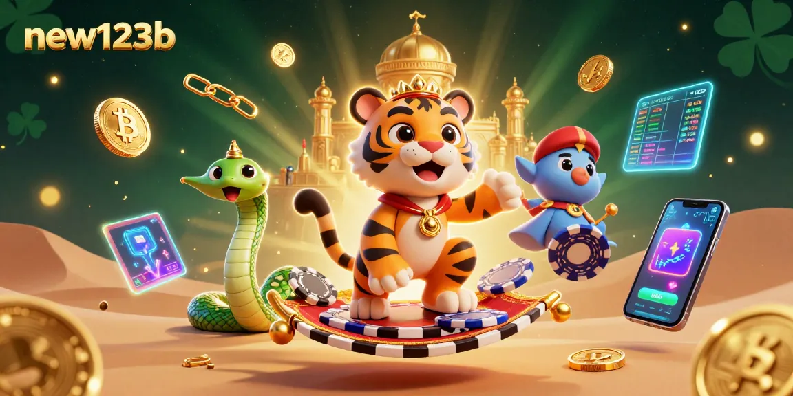Play engaging casino games at new123b, featuring vibrant characters and glowing digital assets.