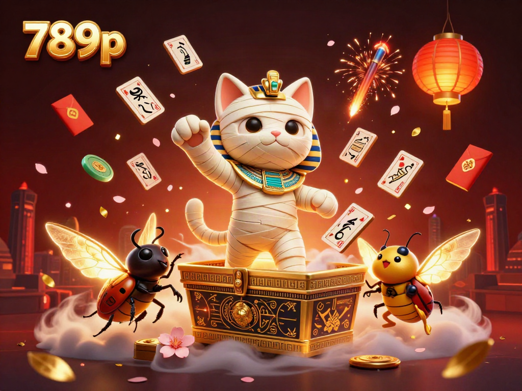 Experience the thrilling casino action with the vibrant 789p-themed illustration featuring a mummy cat and casino elements.