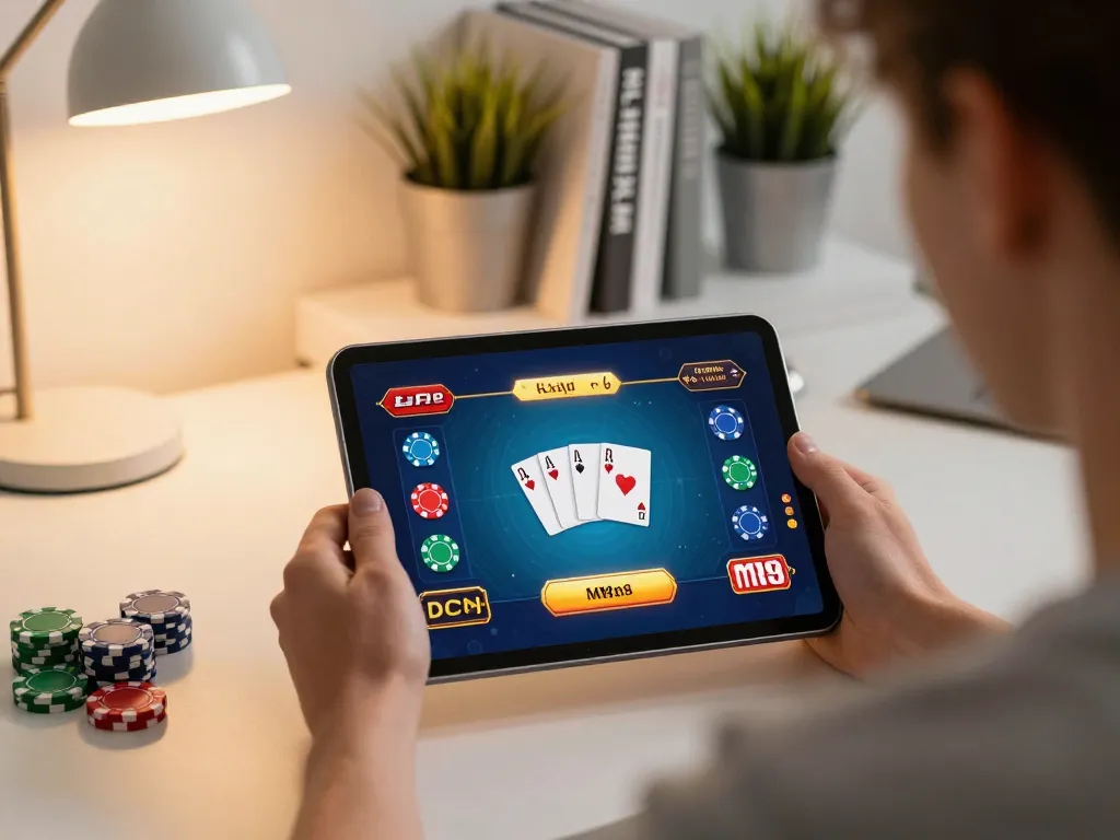 Player engaging with MM88 casino games on tablet, highlighting vibrant poker action in cozy home setup.