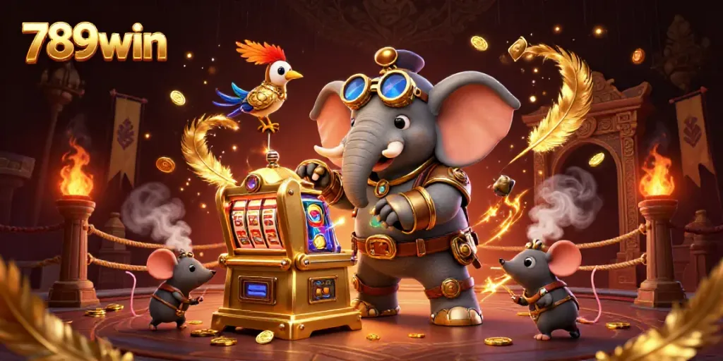 Experience the thrill of 789win with a steampunk elephant operating a golden slot machine surrounded by vibrant casino elements.