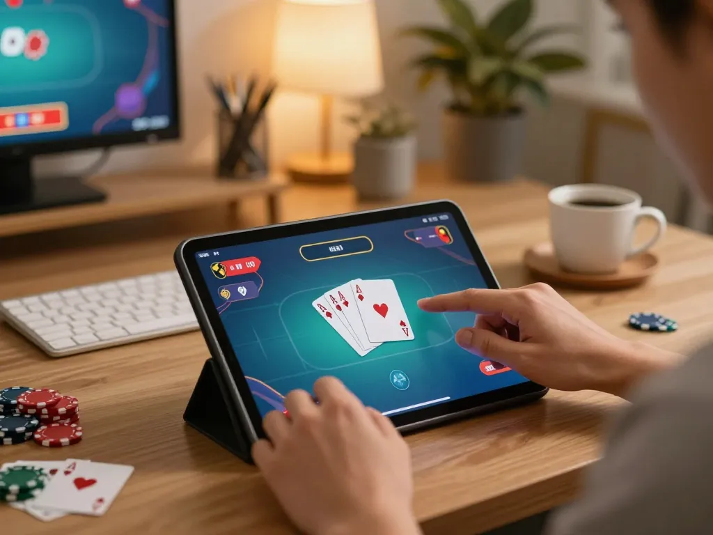 Explore 78WIN poker gameplay on tablet, showcasing a cozy home gaming atmosphere.