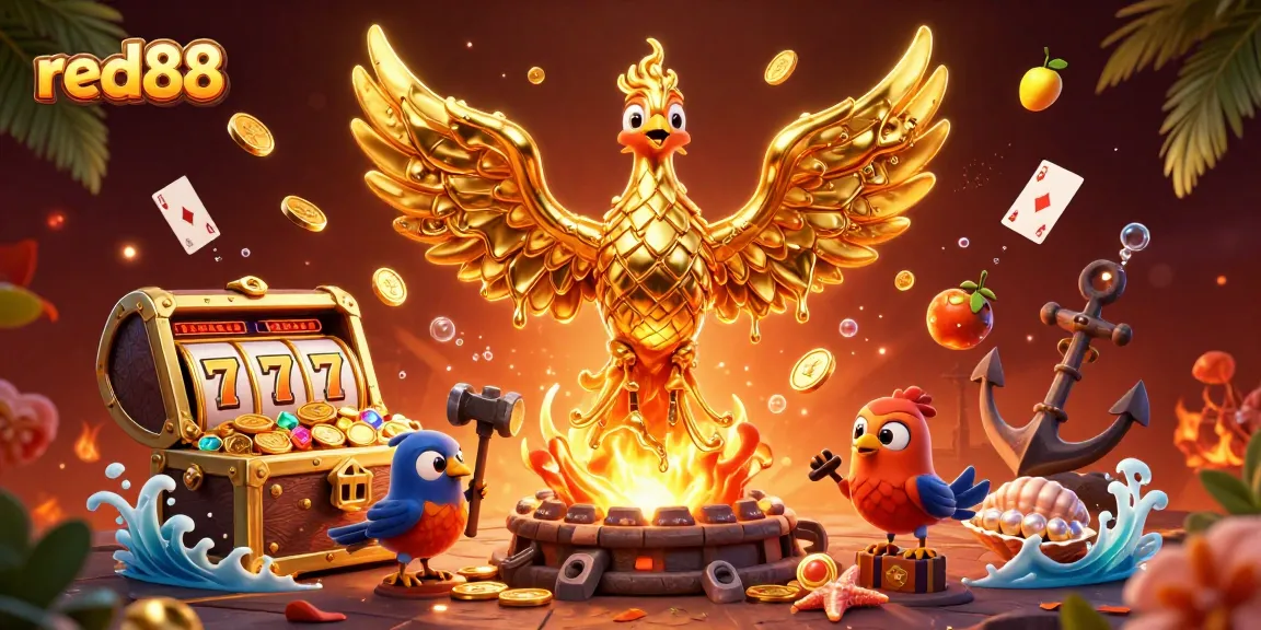 Experience excitement at red88 with elaborate gold phoenix and dynamic casino elements.