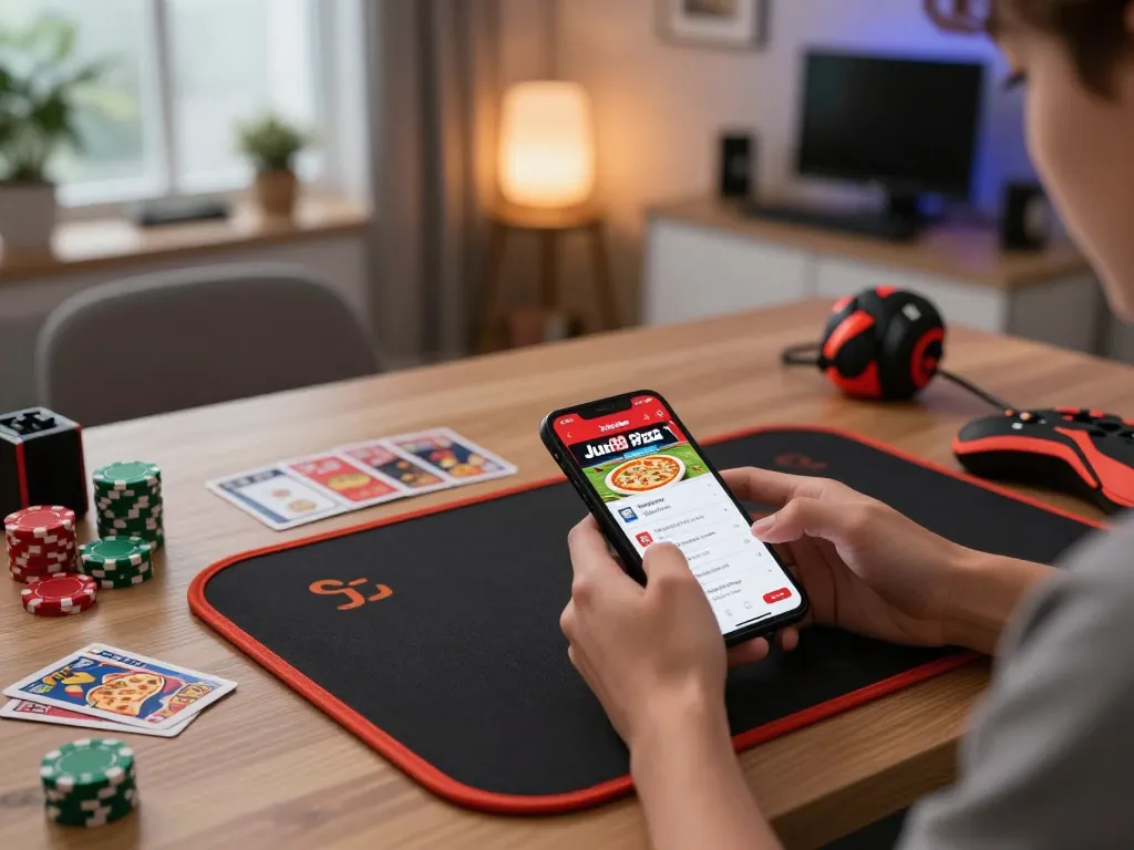 Engaging in strategic betting using the Jun88 pizza app in a modern home gaming setup.