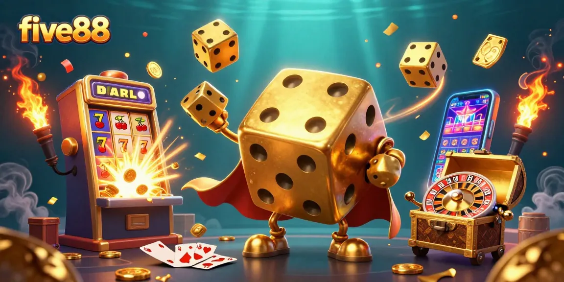 Experience the excitement of five88 with dynamic golden dice and slot machine in a lively 3D illustration.