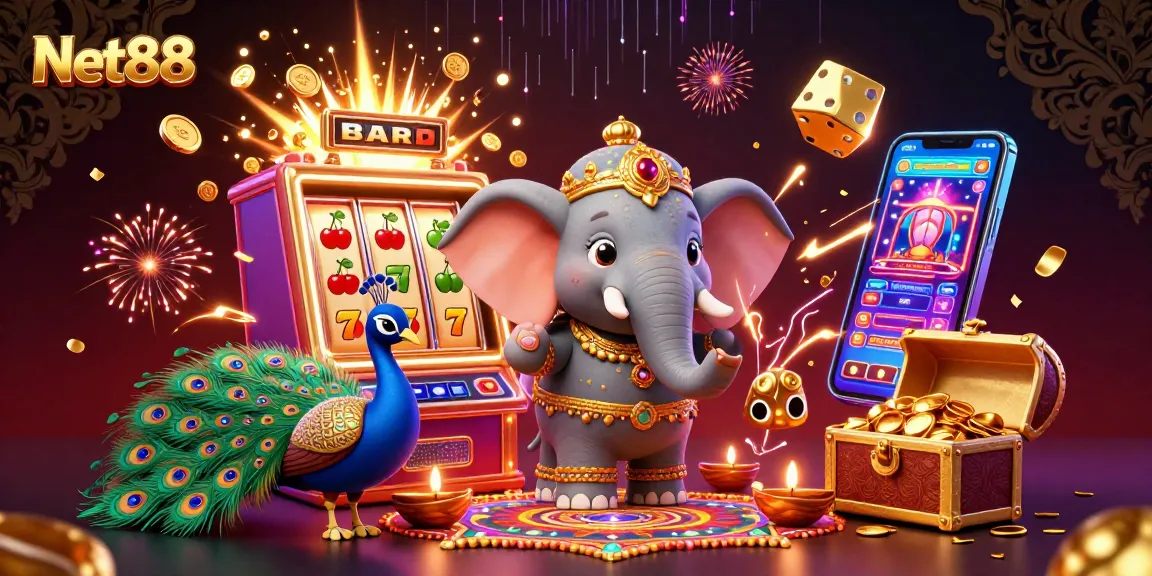 Try your luck with Net88 at an exciting, vibrant casino illustration featuring slots and a jackpot explosion.