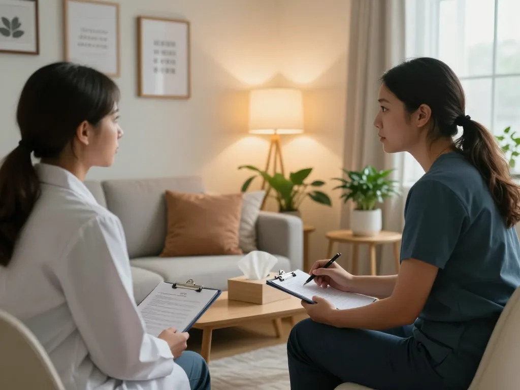 Engaging therapy session focused on 抑鬱症 treatment in a calming environment with a psychiatrist and patient.
