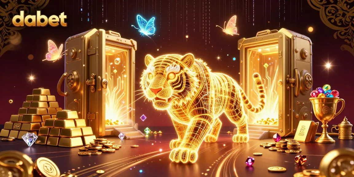 dabet showcases a mesmerizing casino scene with a golden tiger and holographic butterflies among riches.