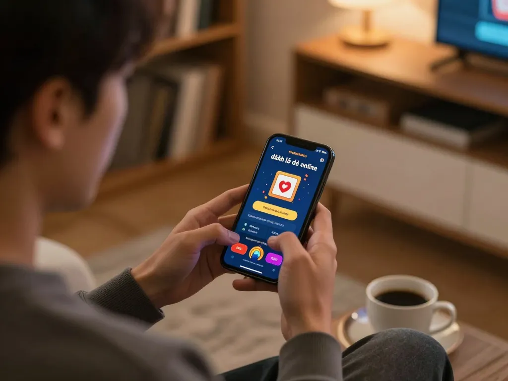 Engaging user participating in đánh lô đề online using smartphone in cozy home setting