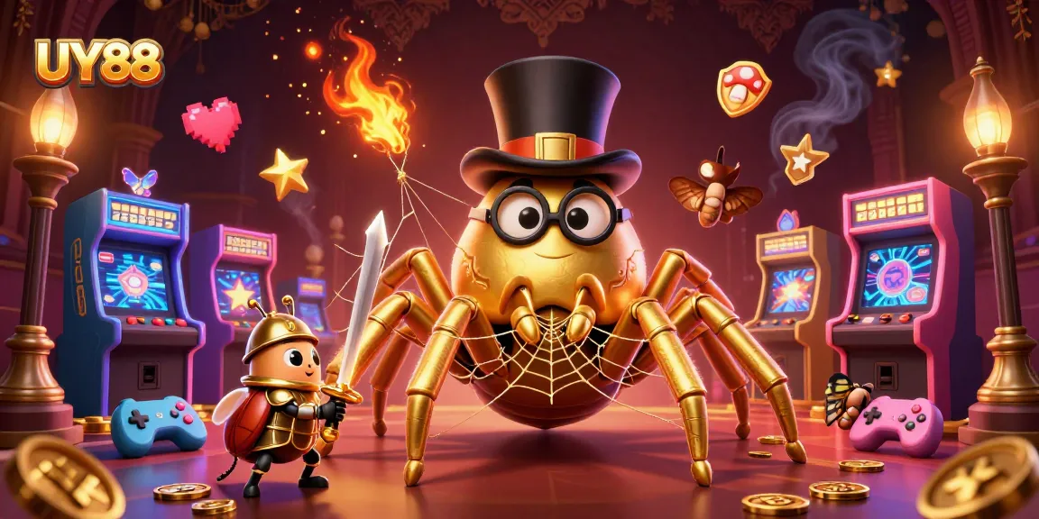 Experience the thrill of UY88 with a golden tarantula and beetle knight in an exciting gaming scene.