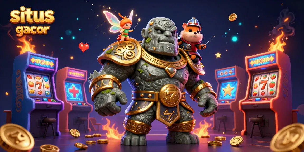 Engage in thrilling gameplay at situs slot gacor with guardians, fairies, and coins surrounding vibrant slot machines.