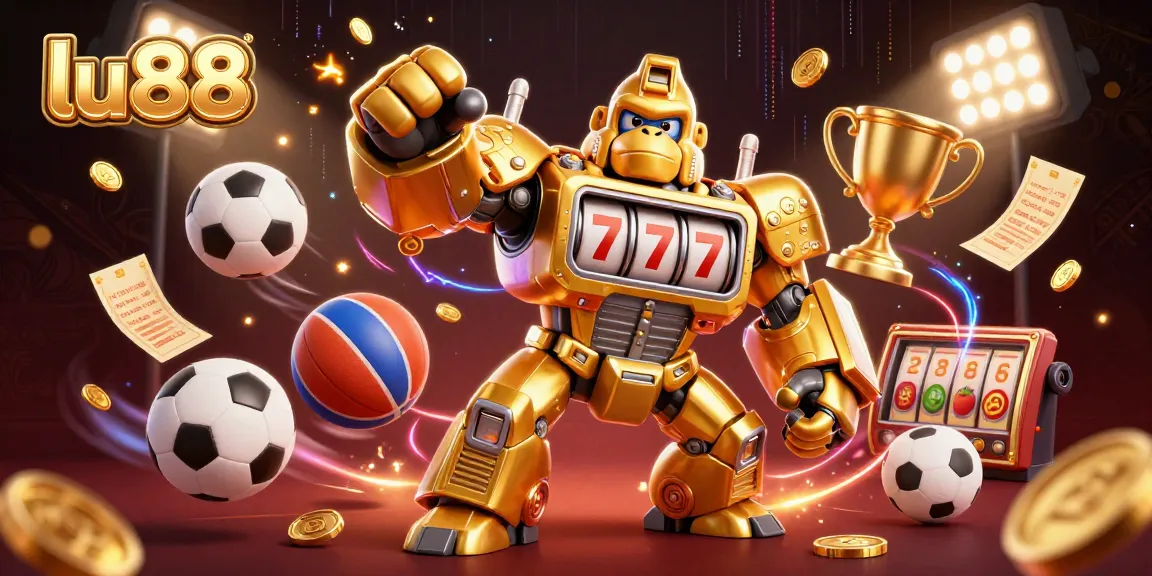 Engage with lu88's thrilling dynamic sports betting scene featuring a golden mech and flying sports elements.