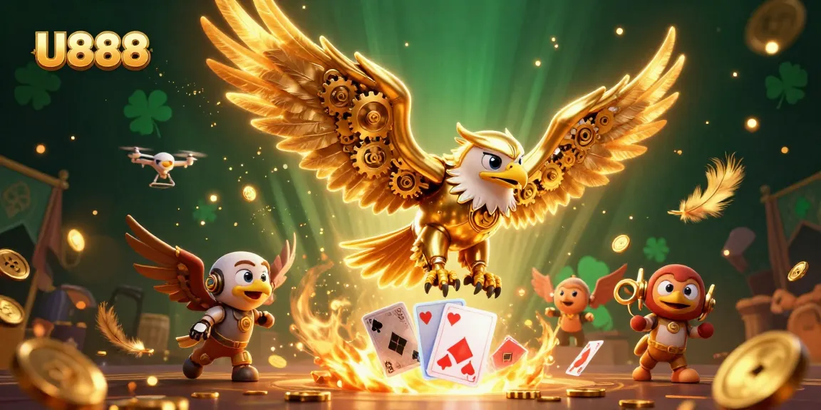 Experience high-stakes action at U888 with the cybernetic golden eagle amidst holographic cards.