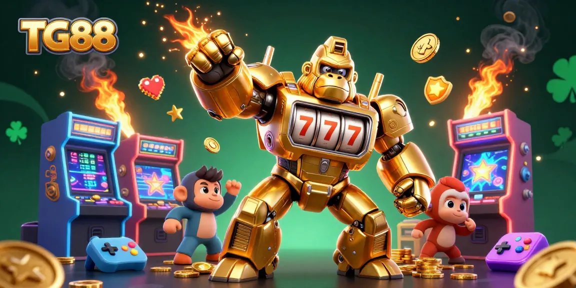 Experience thrilling gameplay at TG88 with a vibrant 3D scene of a golden gorilla mech, slot machines, and arcade elements.