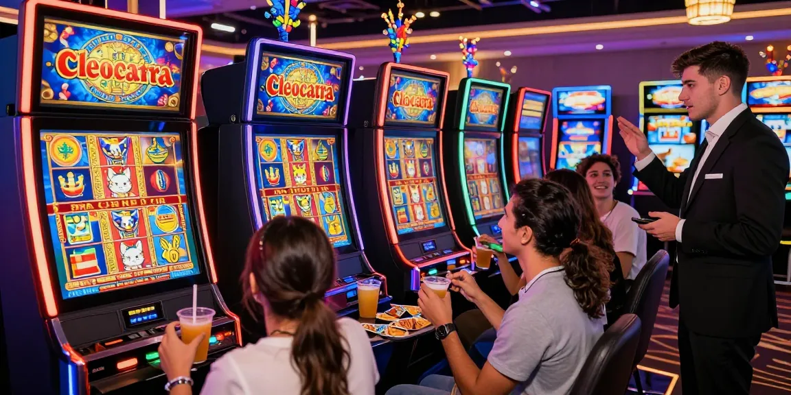 Engaging group playing the Cleocatra slot in a lively casino atmosphere, vibrant Egyptian themes.