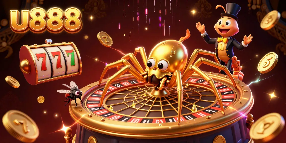Place bets at u888 with a golden spider spinning a roulette wheel in this vibrant casino scene.