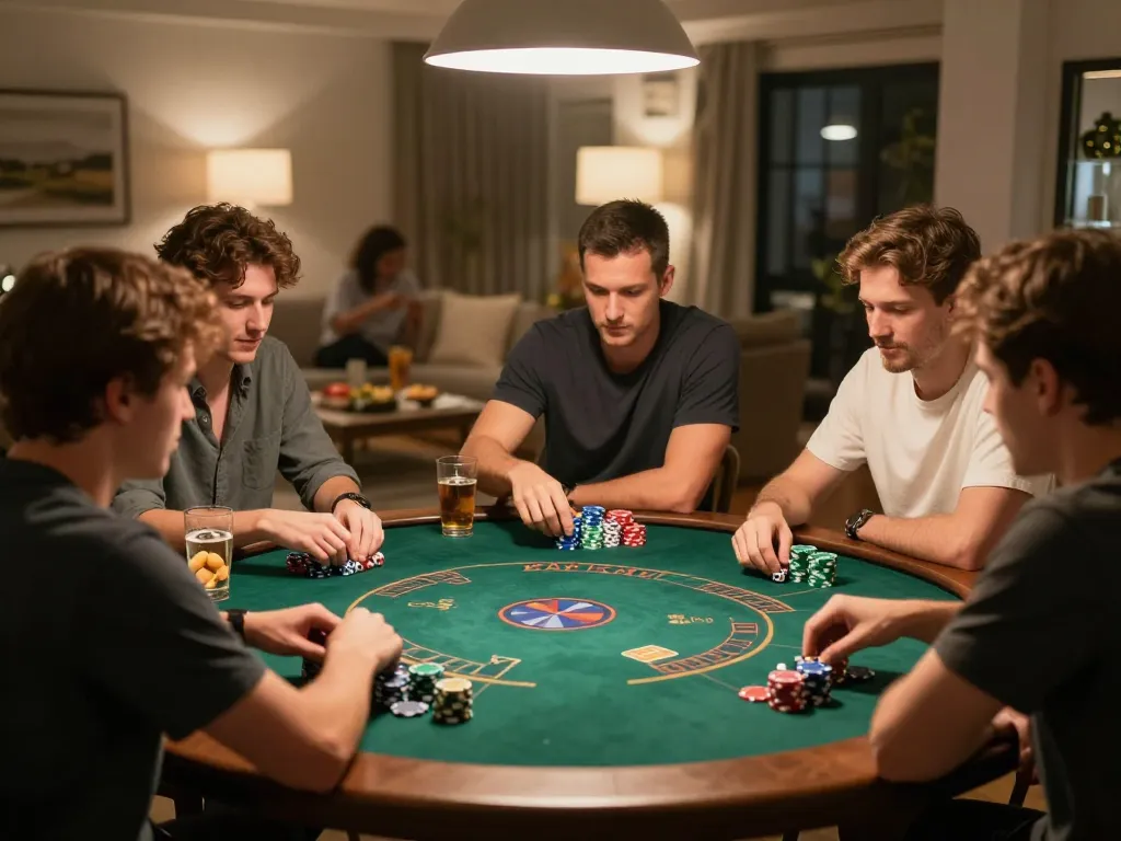 Tài Xỉu Online friends enjoying a lively game night, emphasizing strategic engagement around colorful chips.