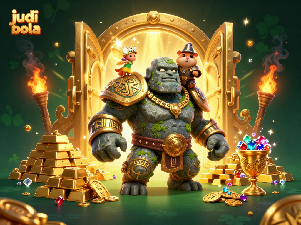 Engage in judi bola with a vibrant scene showcasing a golem guardian, hamster knight, and magical fairy amidst treasure.