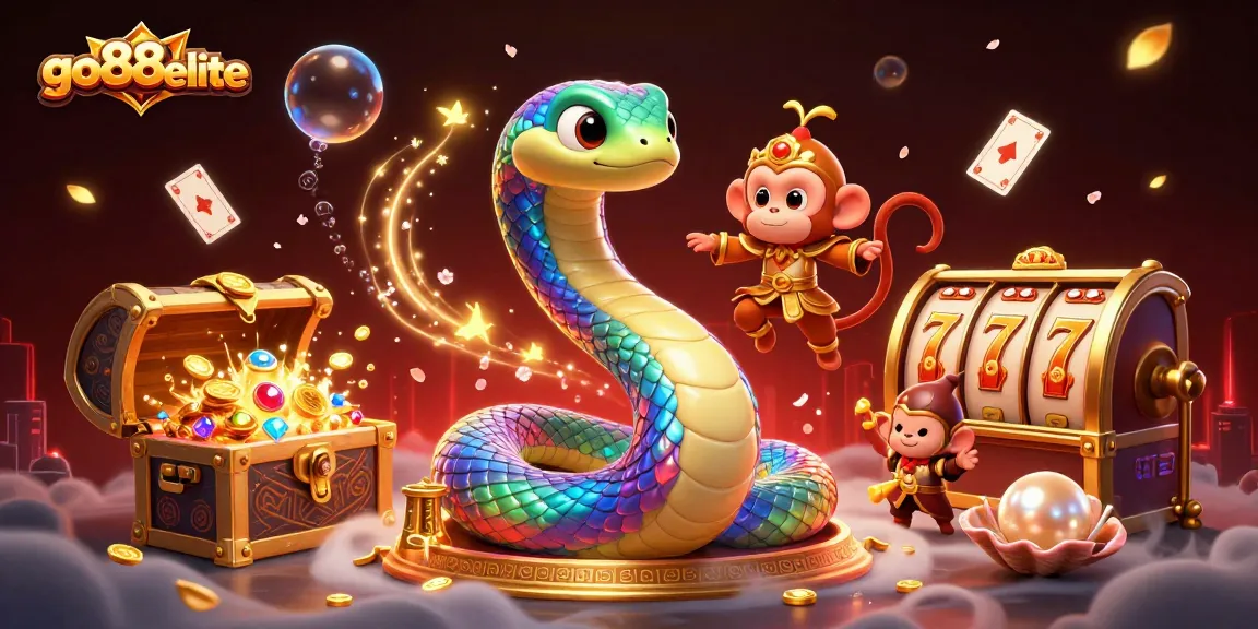 Engage with go88elite's vibrant casino ambiance featuring a playful monkey king and a rainbow serpent amidst rich game elements.