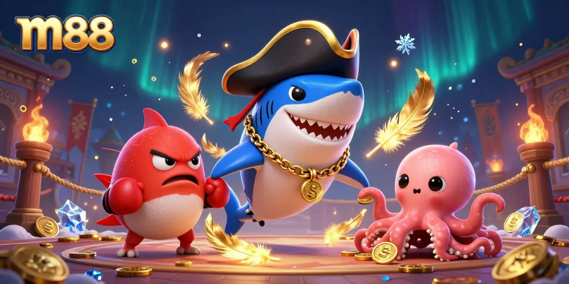 Experience m88's thrilling action with a cartoon shark, pufferfish, and octopus in a vibrant gambling arena.