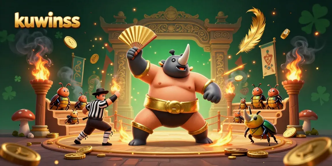 Kuwinss showcases a dynamic 3D casino scene with a rhinoceros beetle sumo champion celebrating winnings amidst gold coins and gambling elements.